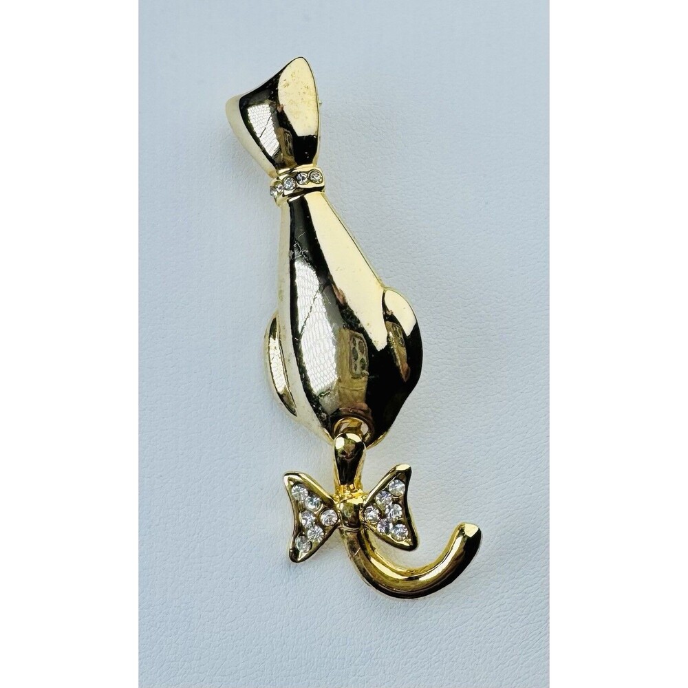 Vintage Cat Brooch Articulated Gold Tone with Rhinestone Collar and Bow AVON